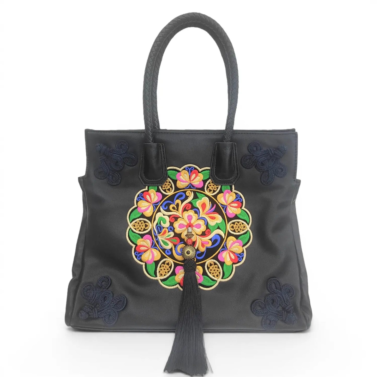 Black Ethnic Butterfly Embroidered Tote Bag | PU Leather with Chinese Knot Accents