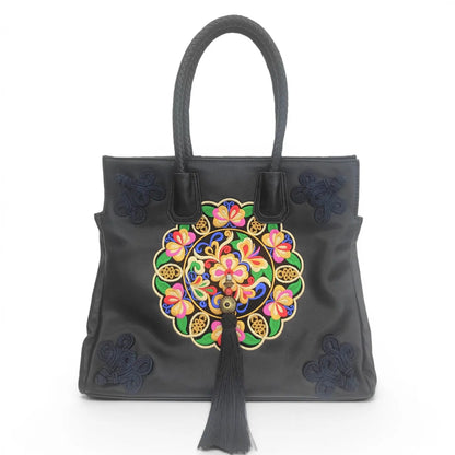 Black Ethnic Butterfly Embroidered Tote Bag | PU Leather with Chinese Knot Accents
