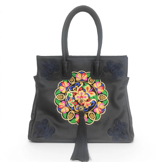 Black Ethnic Butterfly Embroidered Tote Bag | PU Leather with Chinese Knot Accents