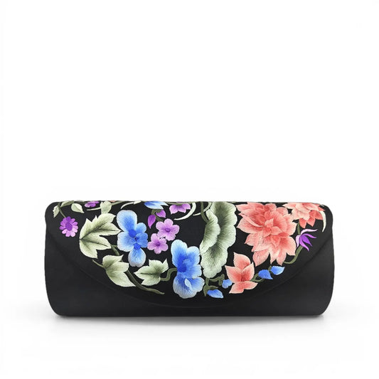 Vintage Black Su Embroidery Floral Mulberry Silk Evening Clutch Bag
