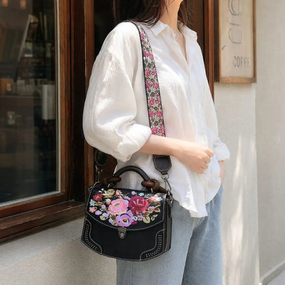 Boho Vintage Floral Embroidered PU Leather Saddle Crossbody Bag with Top Handle