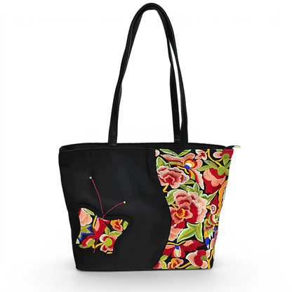 Bohemian Floral Butterfly Embroidered Black Nylon Daily Shoulder Tote Bag