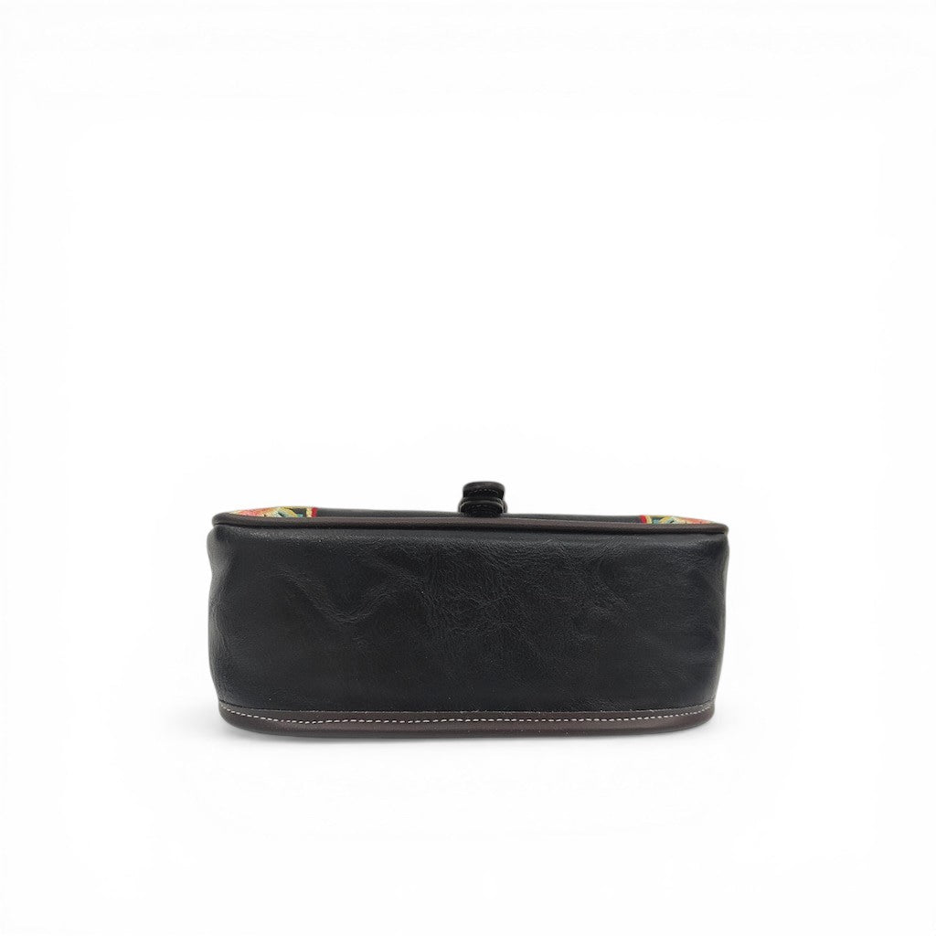 Black Floral Embroidered Saddle Crossbody Bag | Geometric Pattern PU Leather Purse