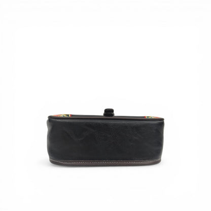 Black Floral Embroidered Saddle Crossbody Bag | Geometric Pattern PU Leather Purse