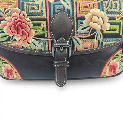 Black Floral Embroidered Saddle Crossbody Bag | Geometric Pattern PU Leather Purse