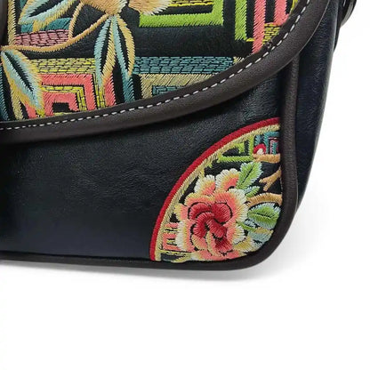 Black Floral Embroidered Saddle Crossbody Bag | Geometric Pattern PU Leather Purse