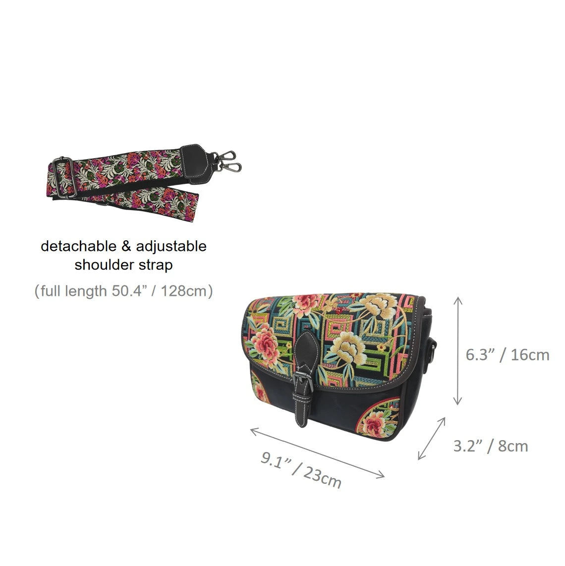 Black Floral Embroidered Saddle Crossbody Bag | Geometric Pattern PU Leather Purse