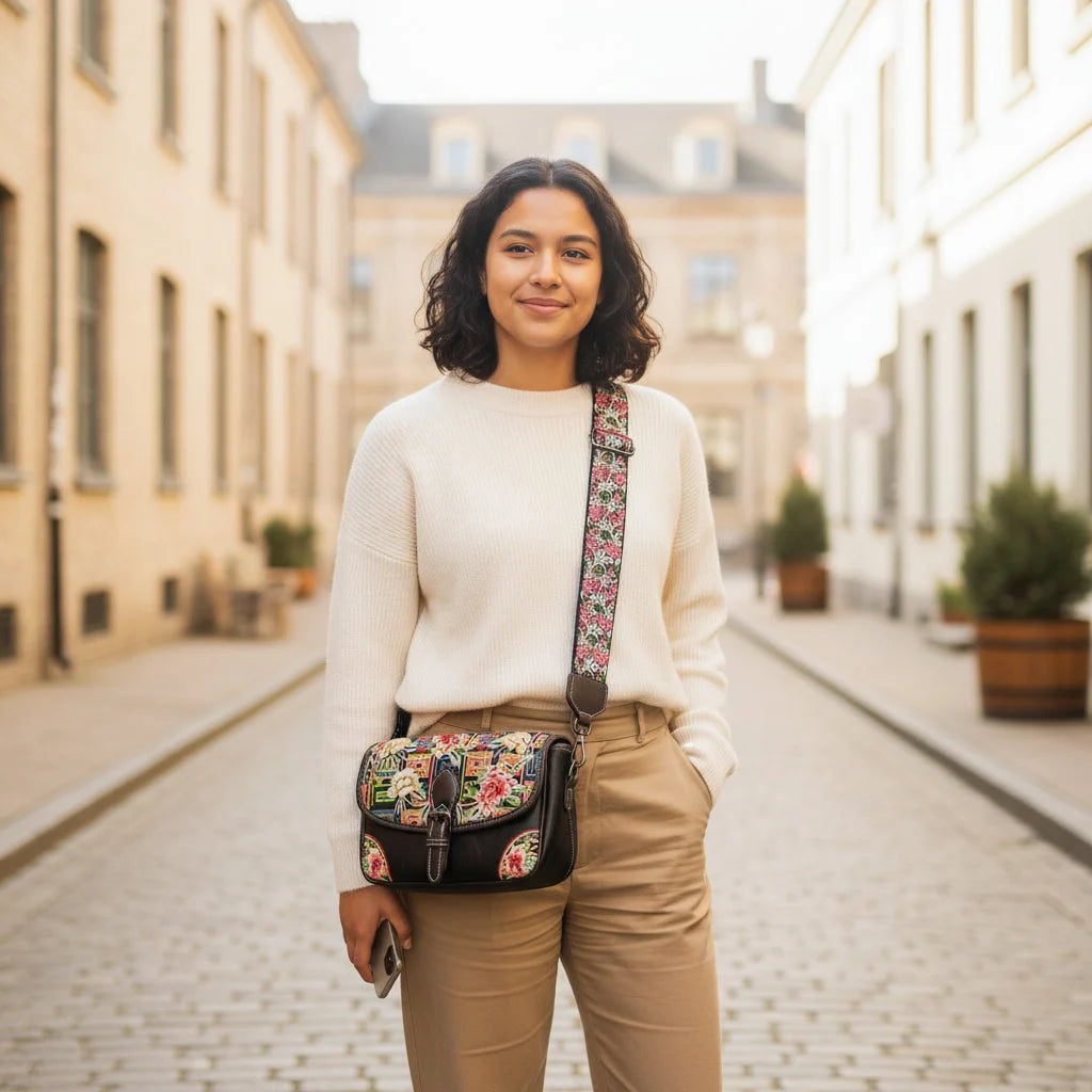 Black Floral Embroidered Saddle Crossbody Bag | Geometric Pattern PU Leather Purse