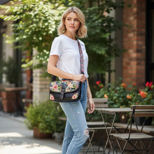 Black Floral Embroidered Saddle Crossbody Bag | Geometric Pattern PU Leather Purse