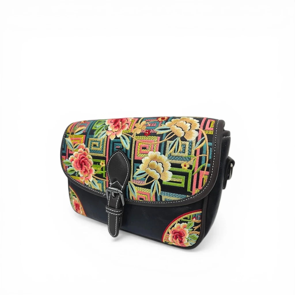 Black Floral Embroidered Saddle Crossbody Bag | Geometric Pattern PU Leather Purse