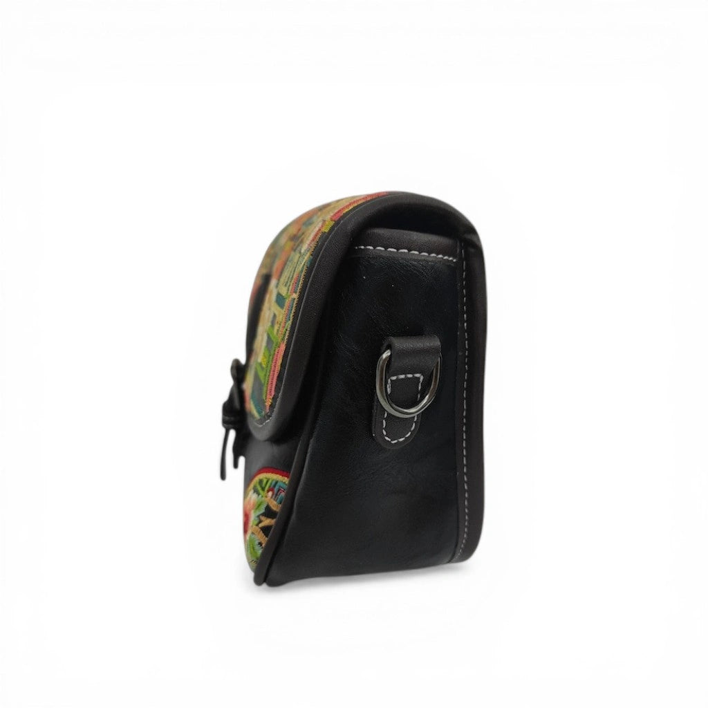 Black Floral Embroidered Saddle Crossbody Bag | Geometric Pattern PU Leather Purse