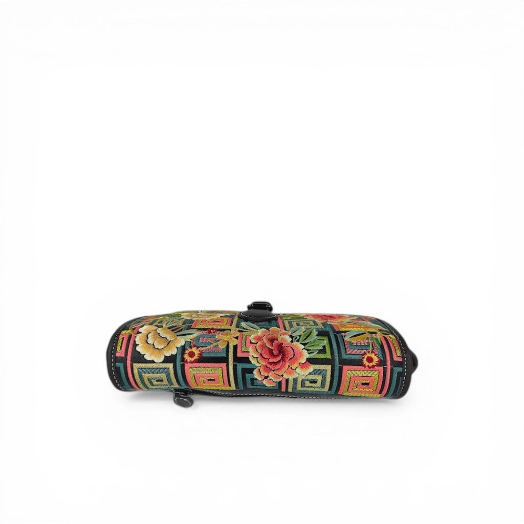 Black Floral Embroidered Saddle Crossbody Bag | Geometric Pattern PU Leather Purse