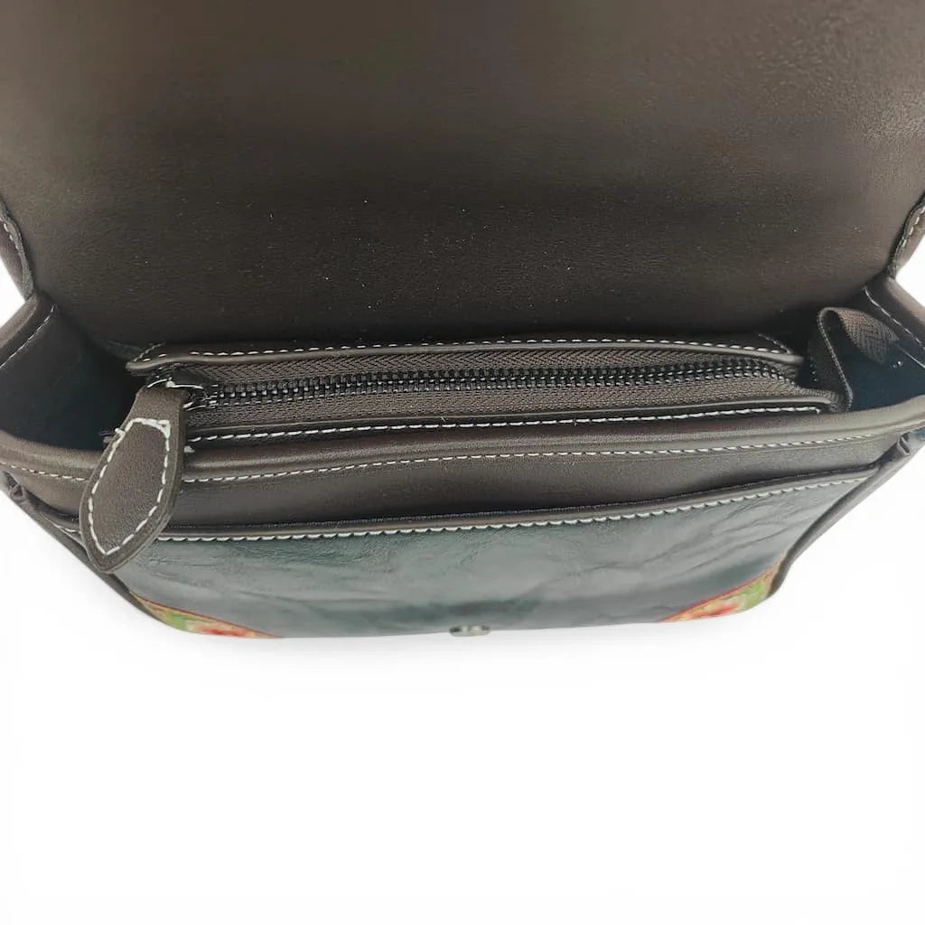 Black Floral Embroidered Saddle Crossbody Bag | Geometric Pattern PU Leather Purse