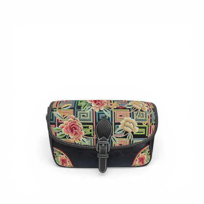 Black Floral Embroidered Saddle Crossbody Bag | Geometric Pattern PU Leather Purse