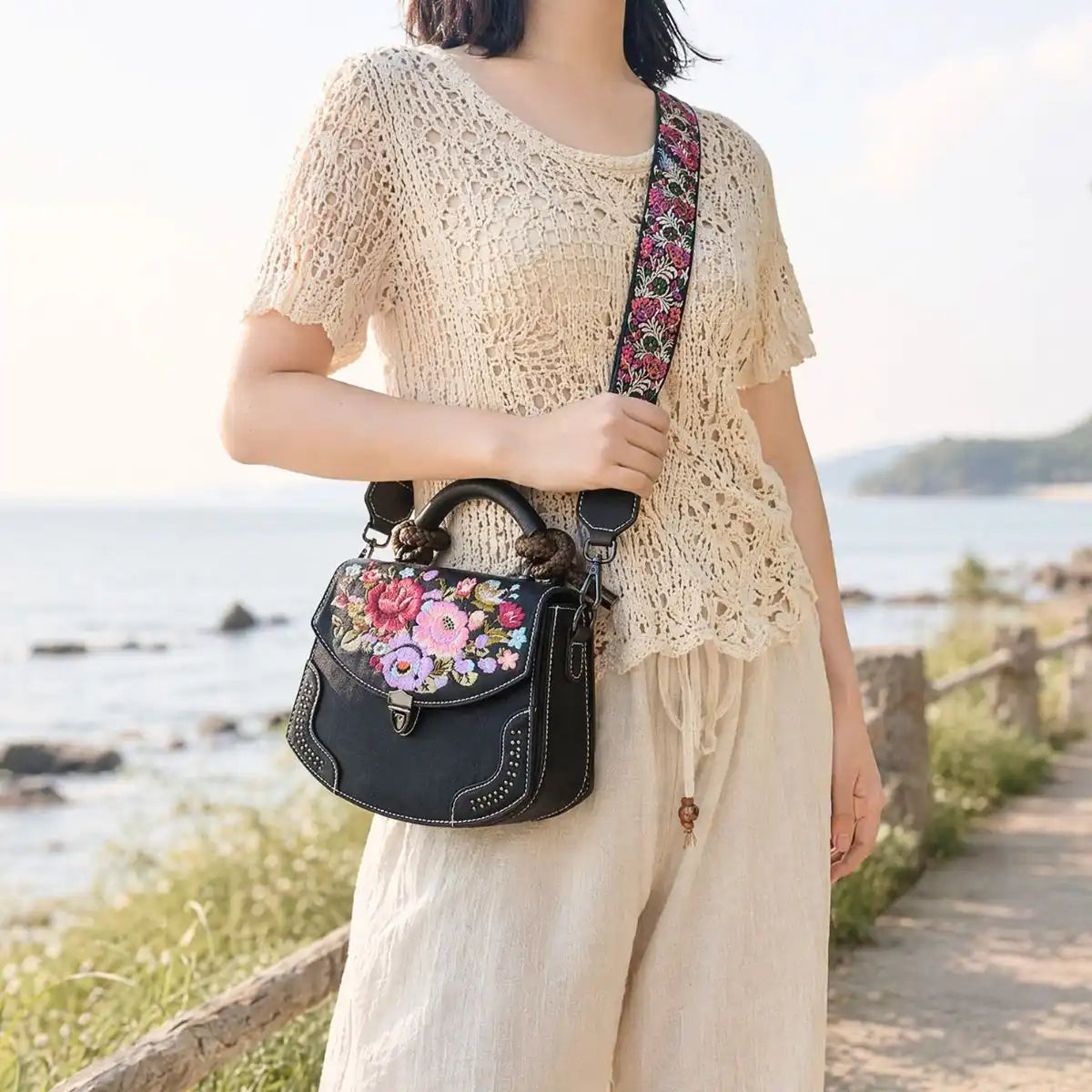 Boho Vintage Floral Embroidered PU Leather Saddle Crossbody Bag with Top Handle