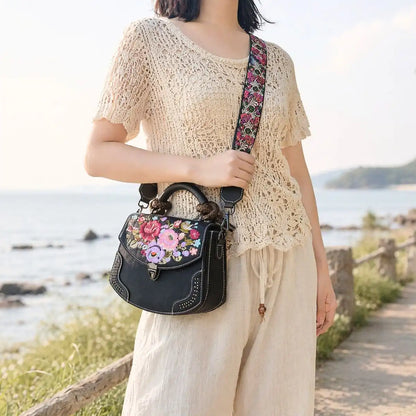 Boho Vintage Floral Embroidered PU Leather Saddle Crossbody Bag with Top Handle