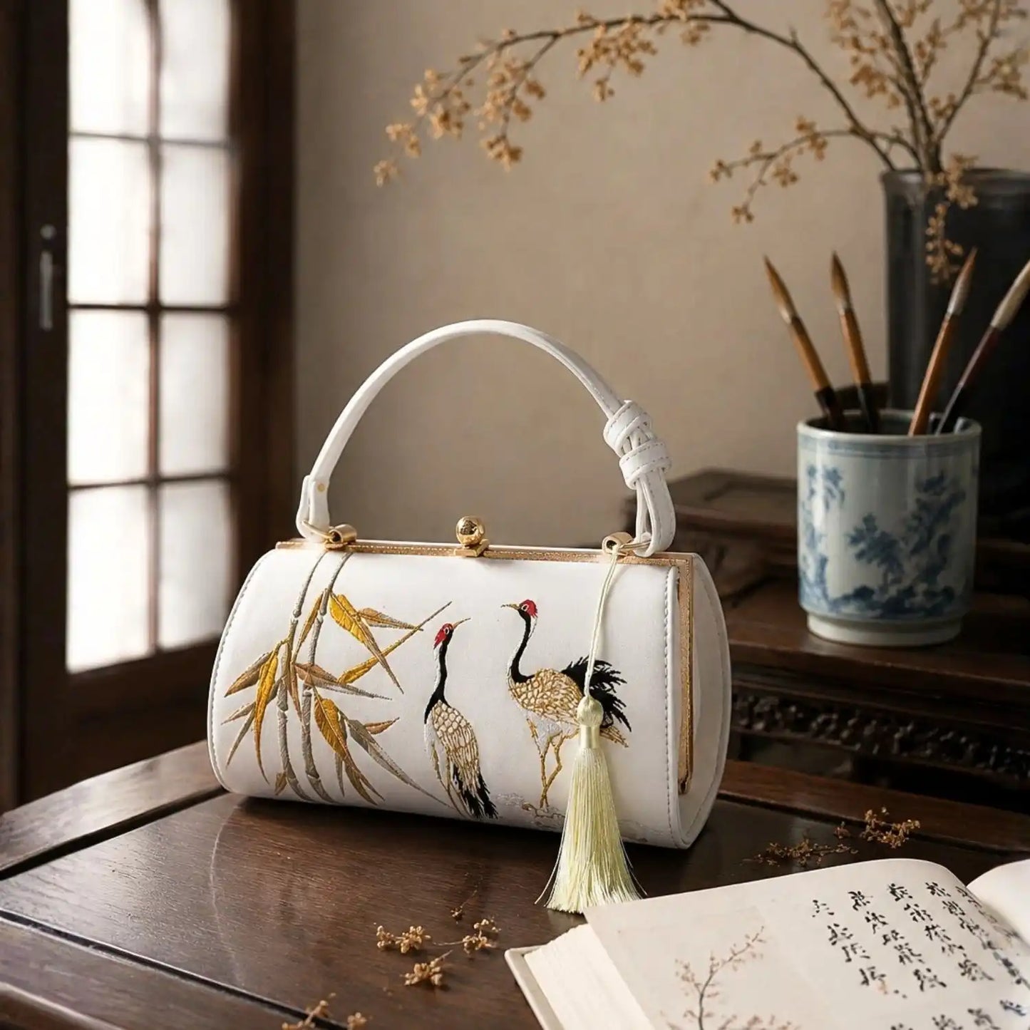 Vintage Chinese crane embroidery handbag, traditional study room still life, luxury oriental evening clutch