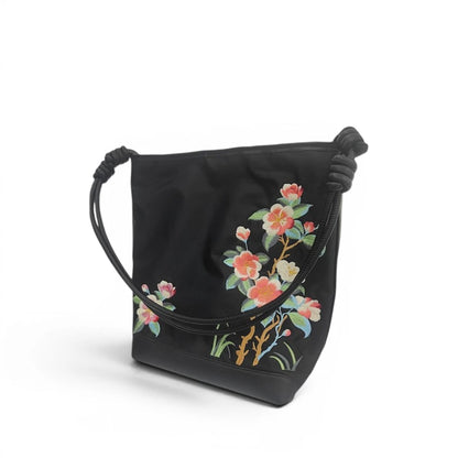 Black Crabapple Blossom Embroidered Waterproof Oxford Tote Bag