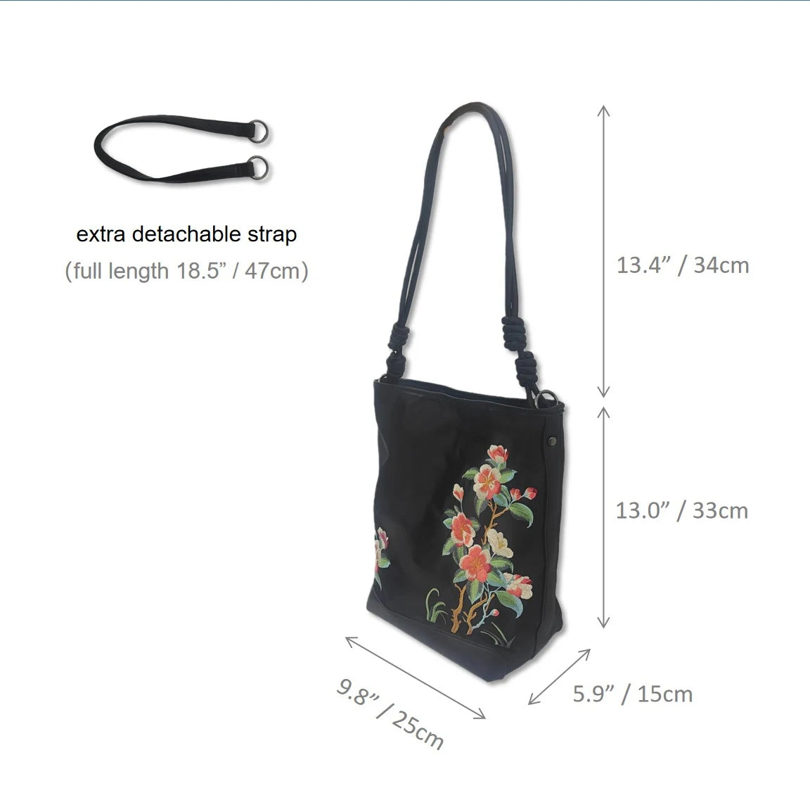 Black Crabapple Blossom Embroidered Waterproof Oxford Tote Bag