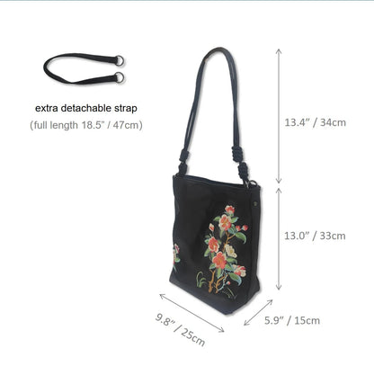 Black Crabapple Blossom Embroidered Waterproof Oxford Tote Bag