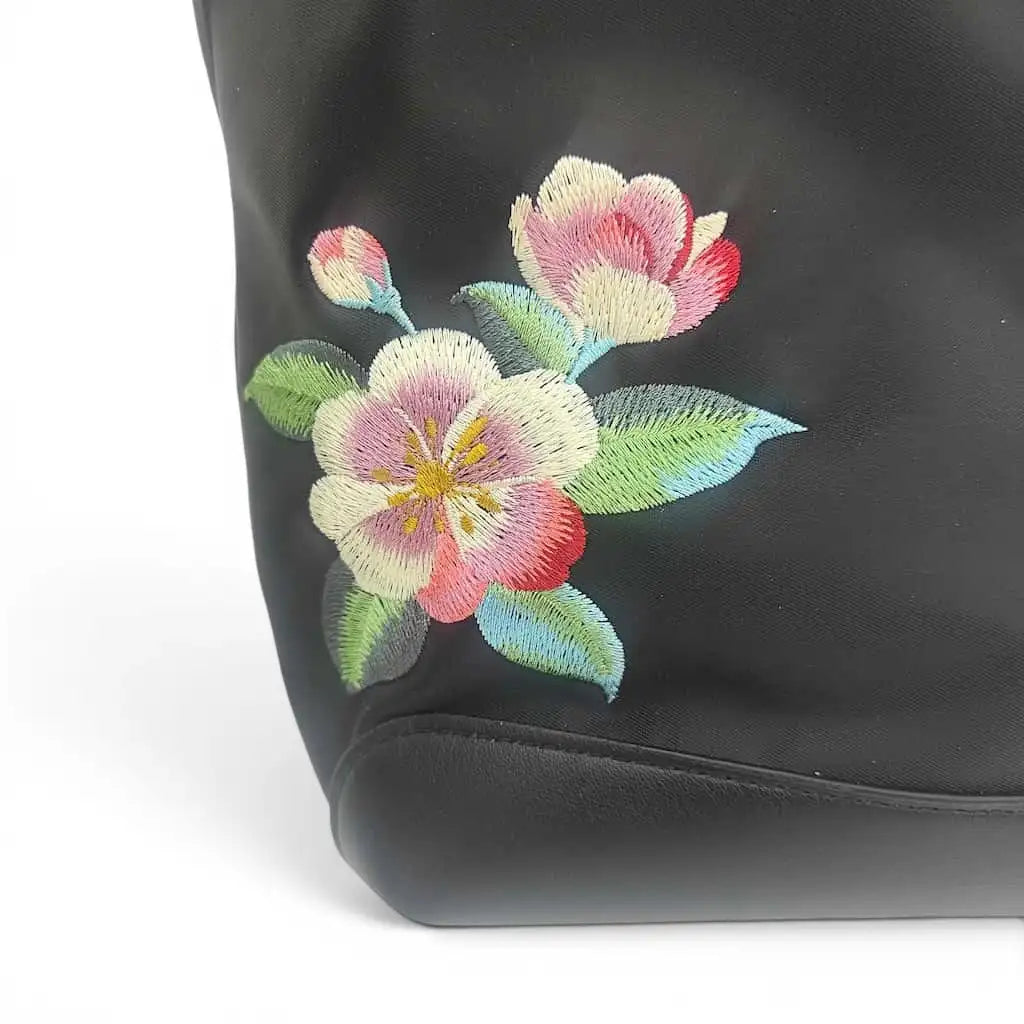 Black Crabapple Blossom Embroidered Waterproof Oxford Tote Bag