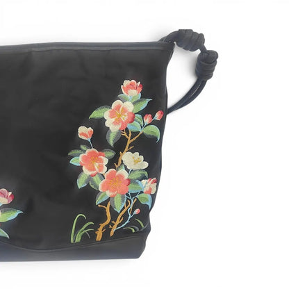 Black Crabapple Blossom Embroidered Waterproof Oxford Tote Bag