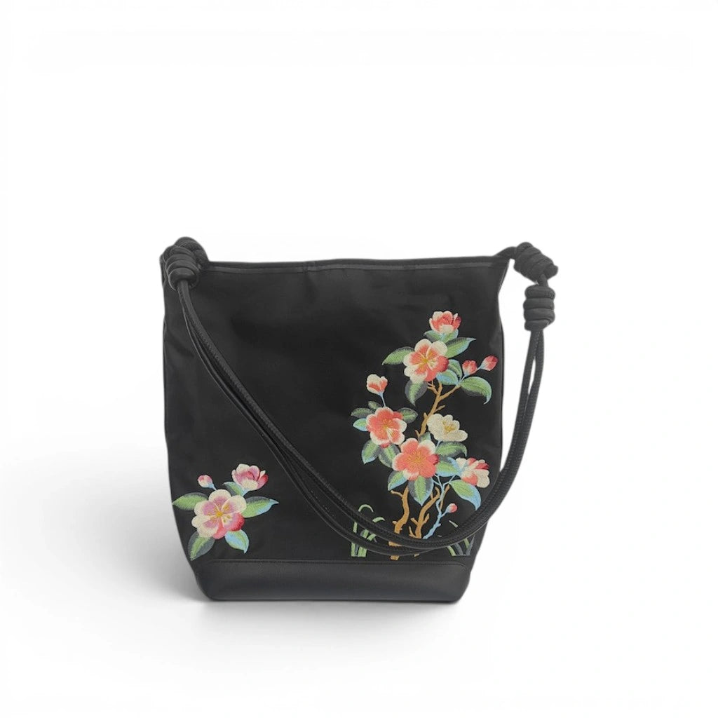 Black Crabapple Blossom Embroidered Waterproof Oxford Tote Bag