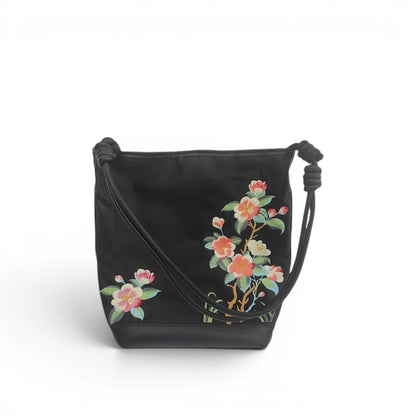 Black Crabapple Blossom Embroidered Waterproof Oxford Tote Bag