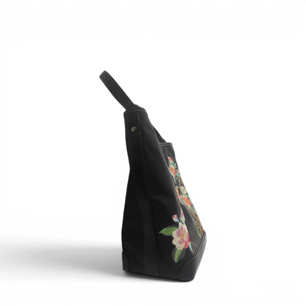 Black Crabapple Blossom Embroidered Waterproof Oxford Tote Bag