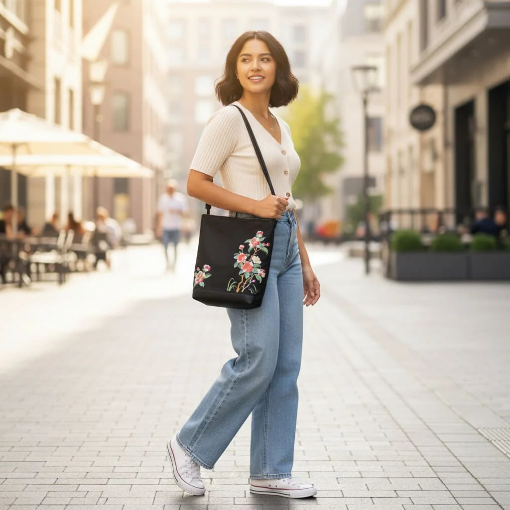 Black Crabapple Blossom Embroidered Waterproof Oxford Tote Bag