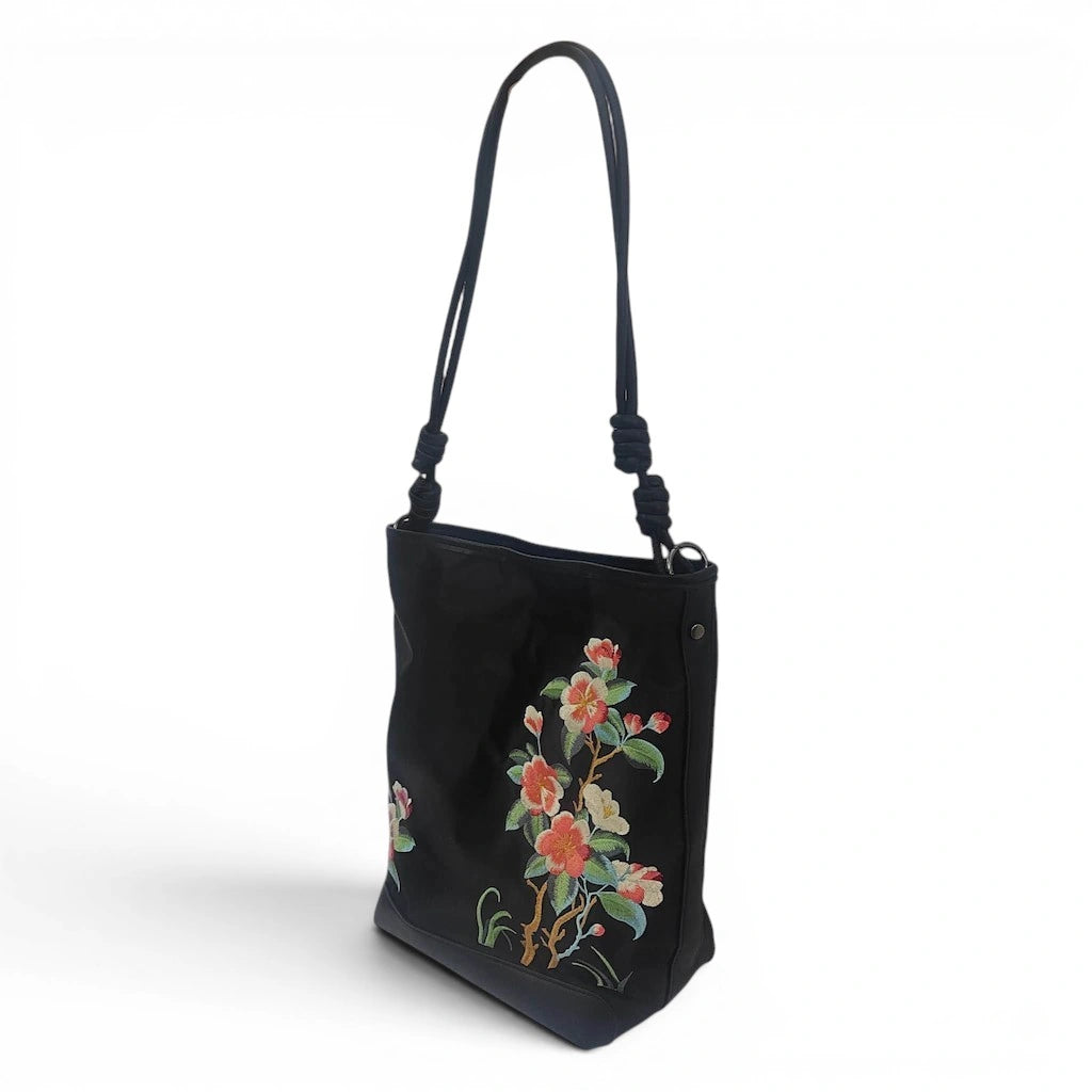 Black Crabapple Blossom Embroidered Waterproof Oxford Tote Bag