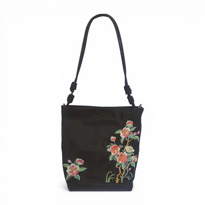 Black Crabapple Blossom Embroidered Waterproof Oxford Tote Bag