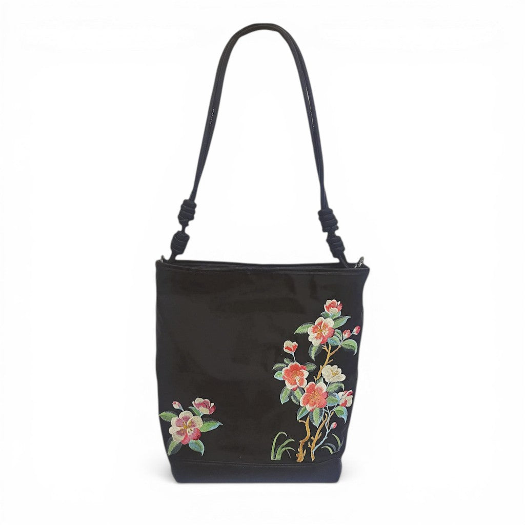 Black Crabapple Blossom Embroidered Waterproof Oxford Tote Bag