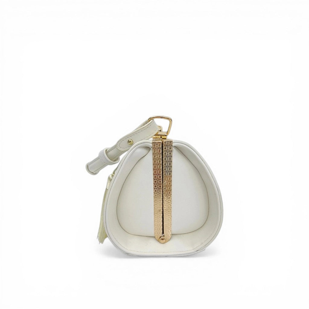 end view of white chinese embroidered clutch bag with gold frame and sleek cylindrical shape