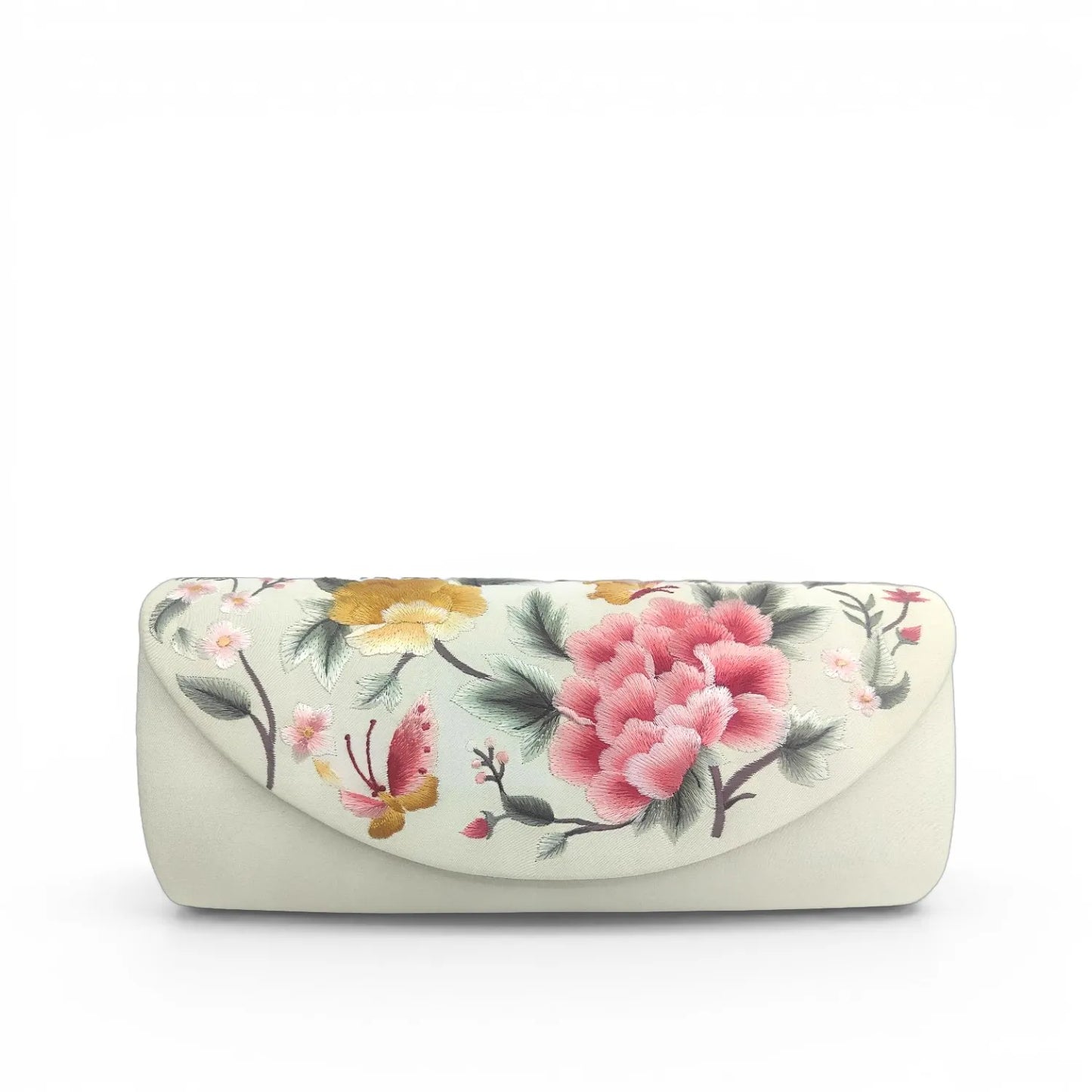 Su Embroidery Peony Butterfly Mulberry Silk Evening Clutch Bag with Detachable Chain