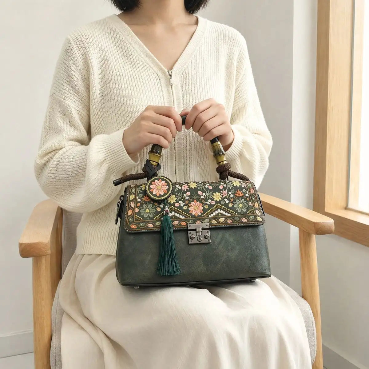 Faceless Asian woman sits on wooden window chair, holding dark green retro floral handbag, wearing cream zip knit top, warm minimalist indoor casual background