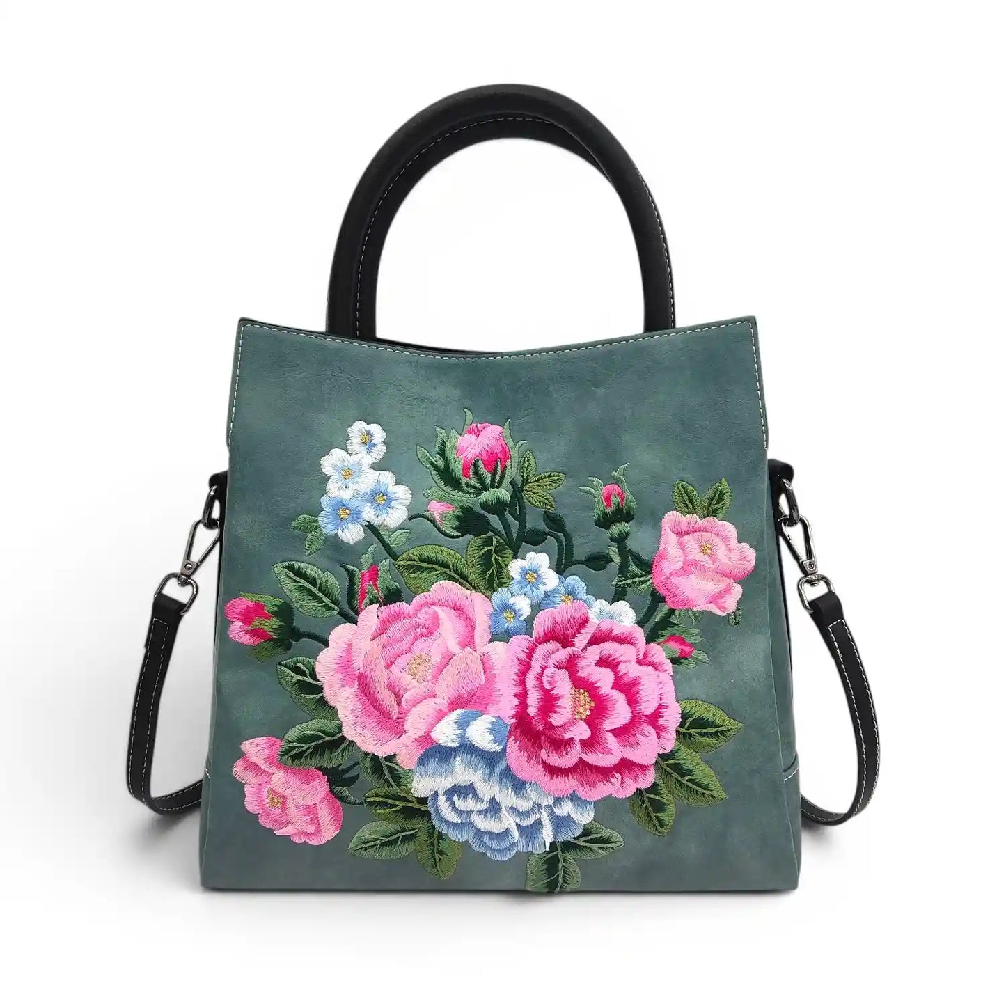 Vintage Peony Flower Embroidered PU Leather Tote Bag