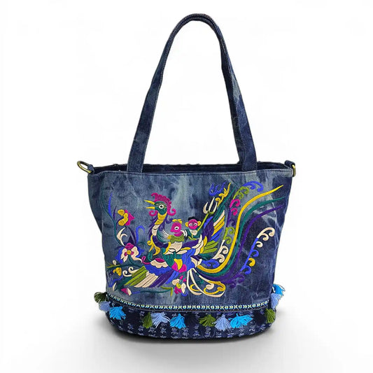 Boho Tie-Dye Denim Phoenix Embroidered Tassel Tote Crossbody Bag