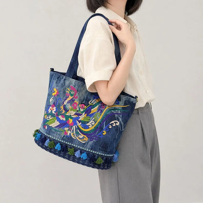 Boho Tie-Dye Denim Phoenix Embroidered Tassel Tote Crossbody Bag