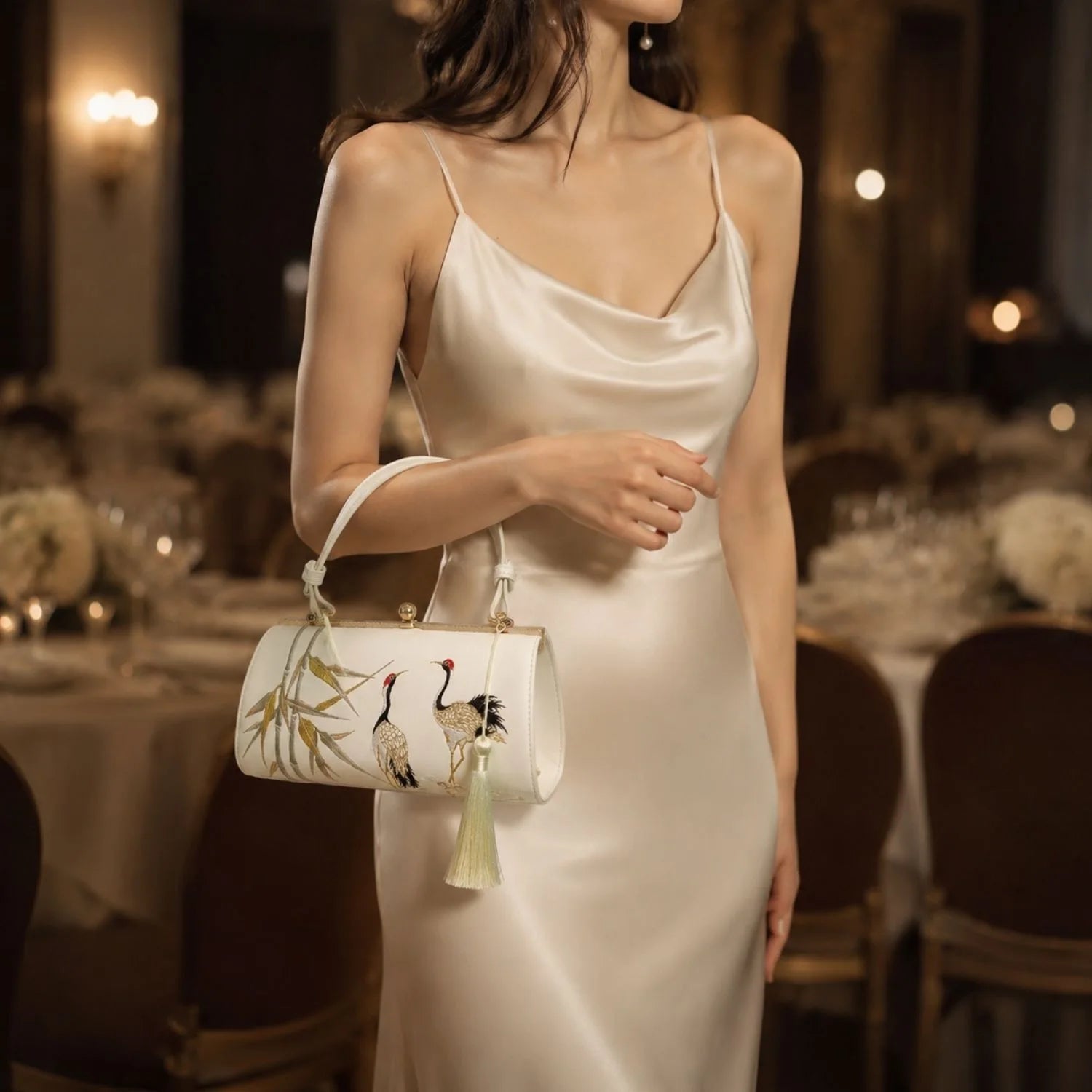 Exquisite crane bamboo embroidered handbag paired with silk slip dress for formal dinner and evening party