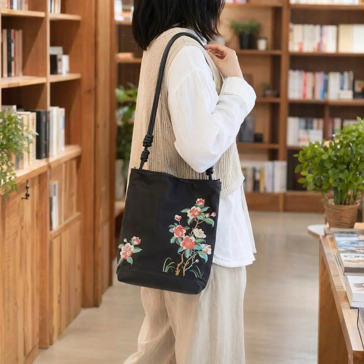 Black Crabapple Blossom Embroidered Waterproof Oxford Tote Bag