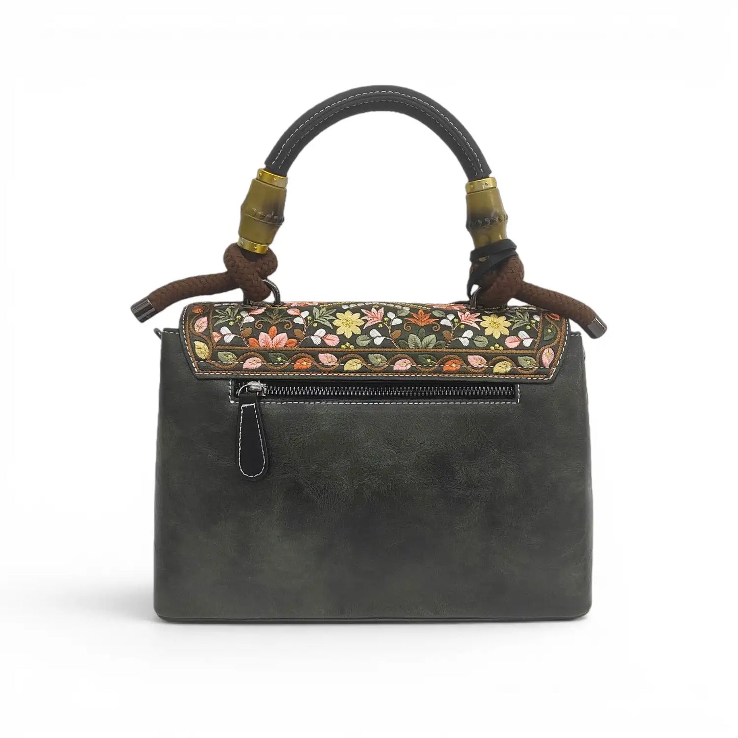 Green Embroidered PU Leather Satchel Handbag | Vintage Floral with Top-handle & Tassel
