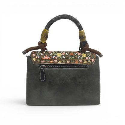 Green Embroidered PU Leather Satchel Handbag | Vintage Floral with Top-handle & Tassel