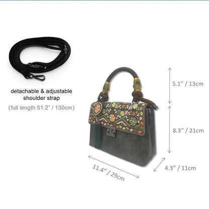 Green Embroidered PU Leather Satchel Handbag | Vintage Floral with Top-handle & Tassel