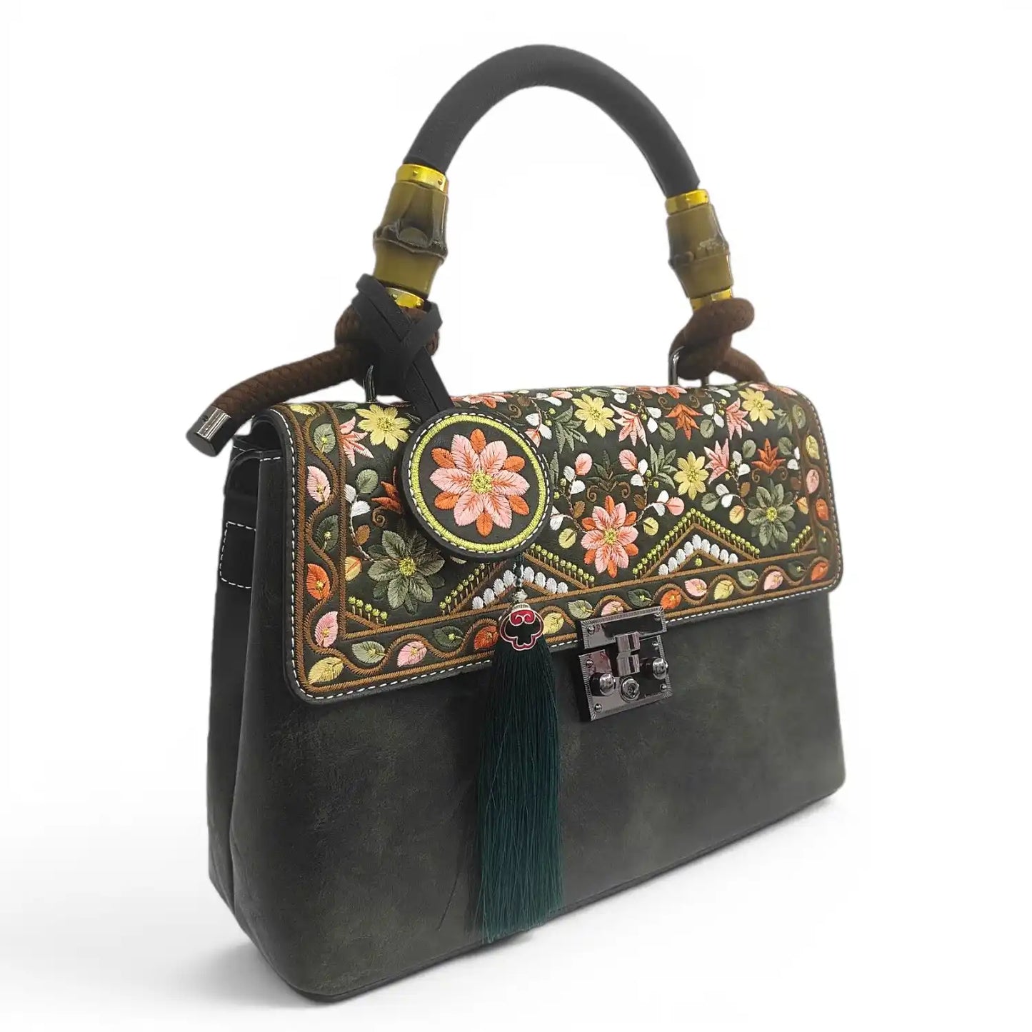 Green Embroidered PU Leather Satchel Handbag | Vintage Floral with Top-handle & Tassel
