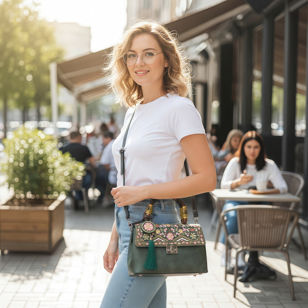 floral-embroidered-message-bag-PU-leather-with-top-handle-and-tassels-model-image