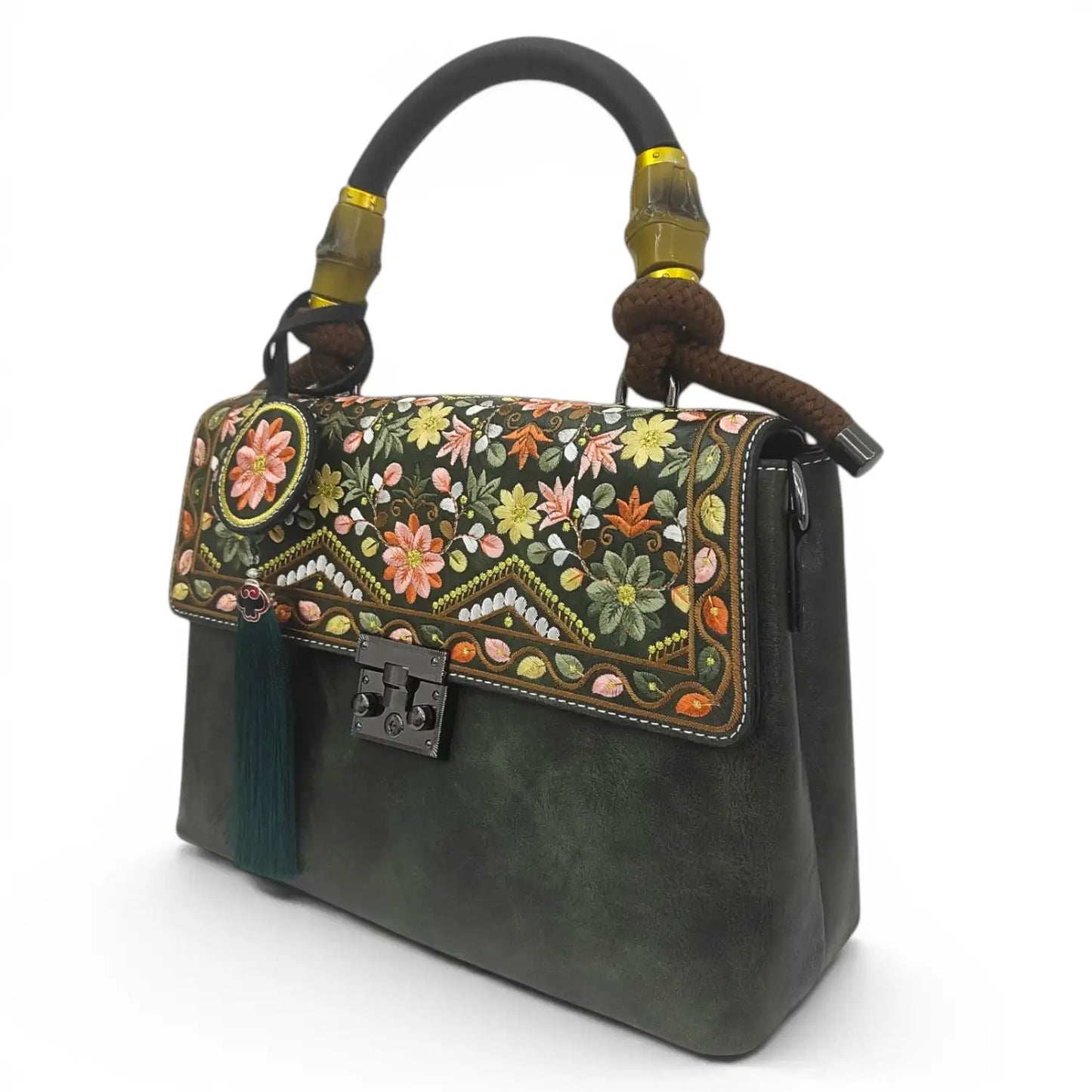 Green Embroidered PU Leather Satchel Handbag | Vintage Floral with Top-handle & Tassel