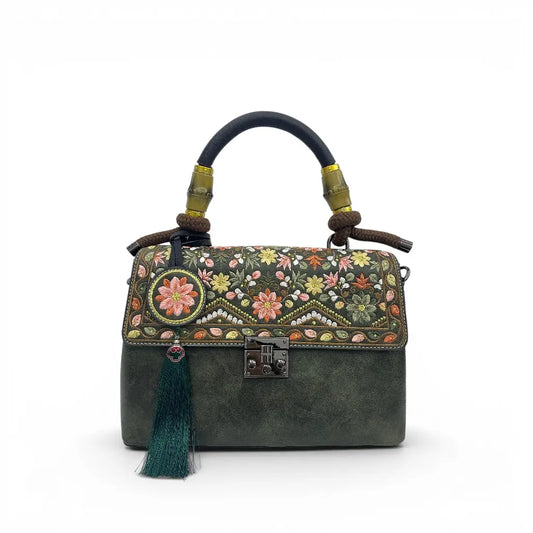 Green Embroidered PU Leather Satchel Handbag | Vintage Floral with Top-handle & Tassel