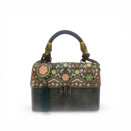 Designer Floral Handbag | Vintage Embroidered Green Message Bag with Bamboo Handle & Tassel
