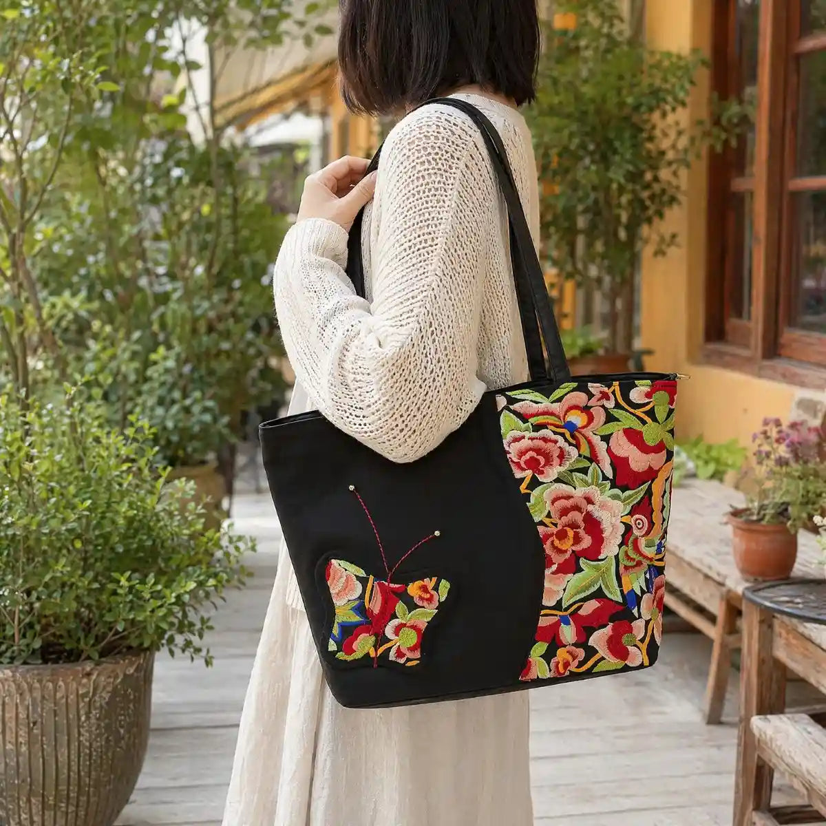 Bohemian Floral Butterfly Embroidered Black Nylon Daily Shoulder Tote Bag
